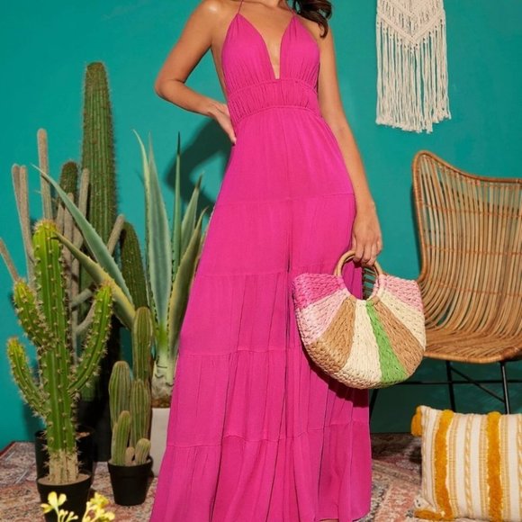 Private Label Pants - PINK RUFFLE HEM WIDE LEG TASSEL TIE JUMPSUIT
